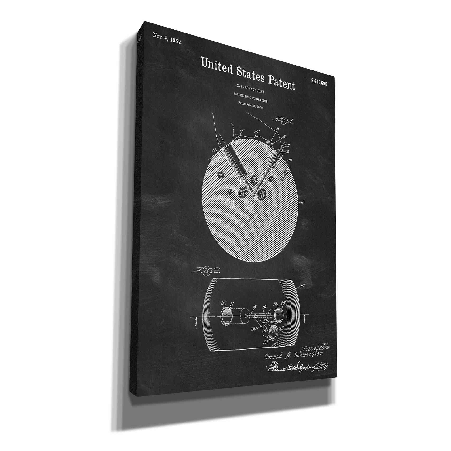 'Bowling Ball Finger Grip Blueprint Patent Chalkboard' Canvas Wall Art,Size A Portrait