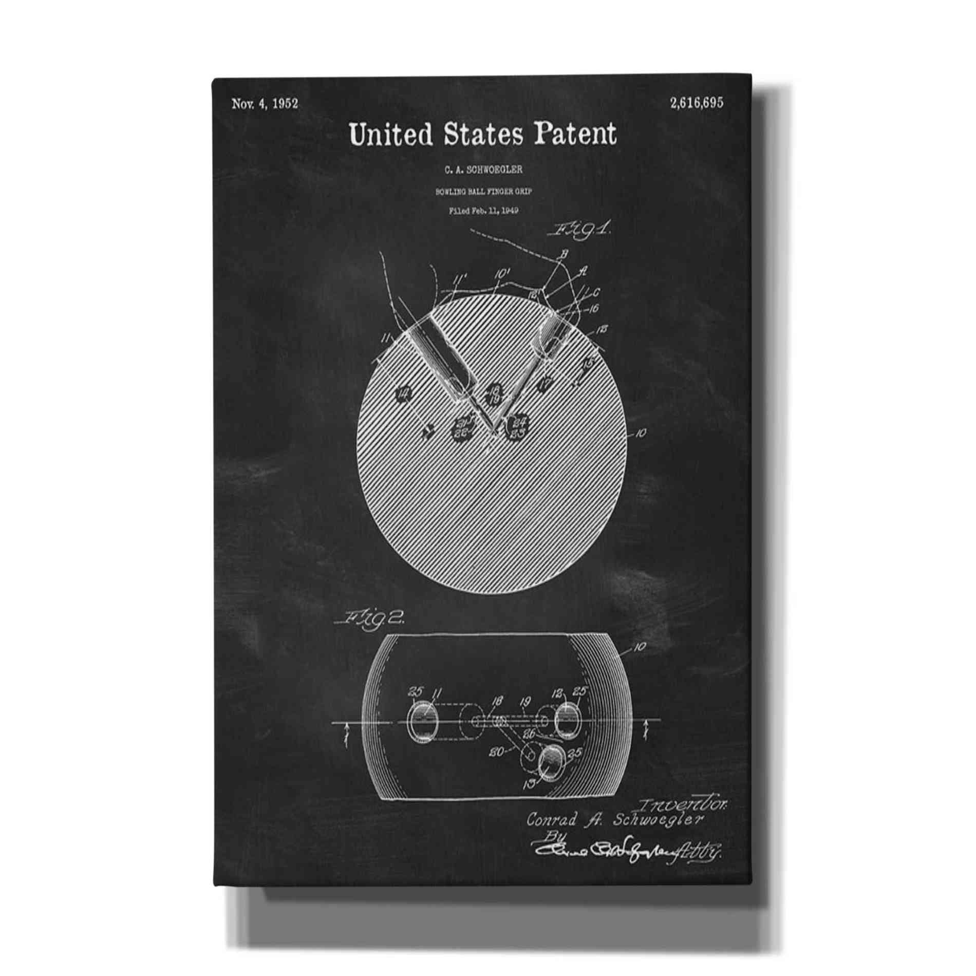 'Bowling Ball Finger Grip Blueprint Patent Chalkboard' Canvas Wall Art,Size A Portrait