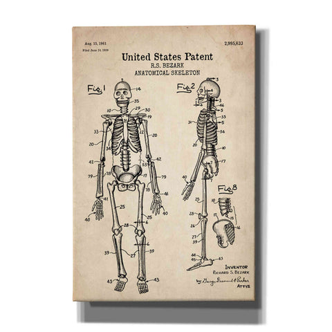 Image of 'Anatomical Skeleton Blueprint Patent Parchment' Canvas Wall Art