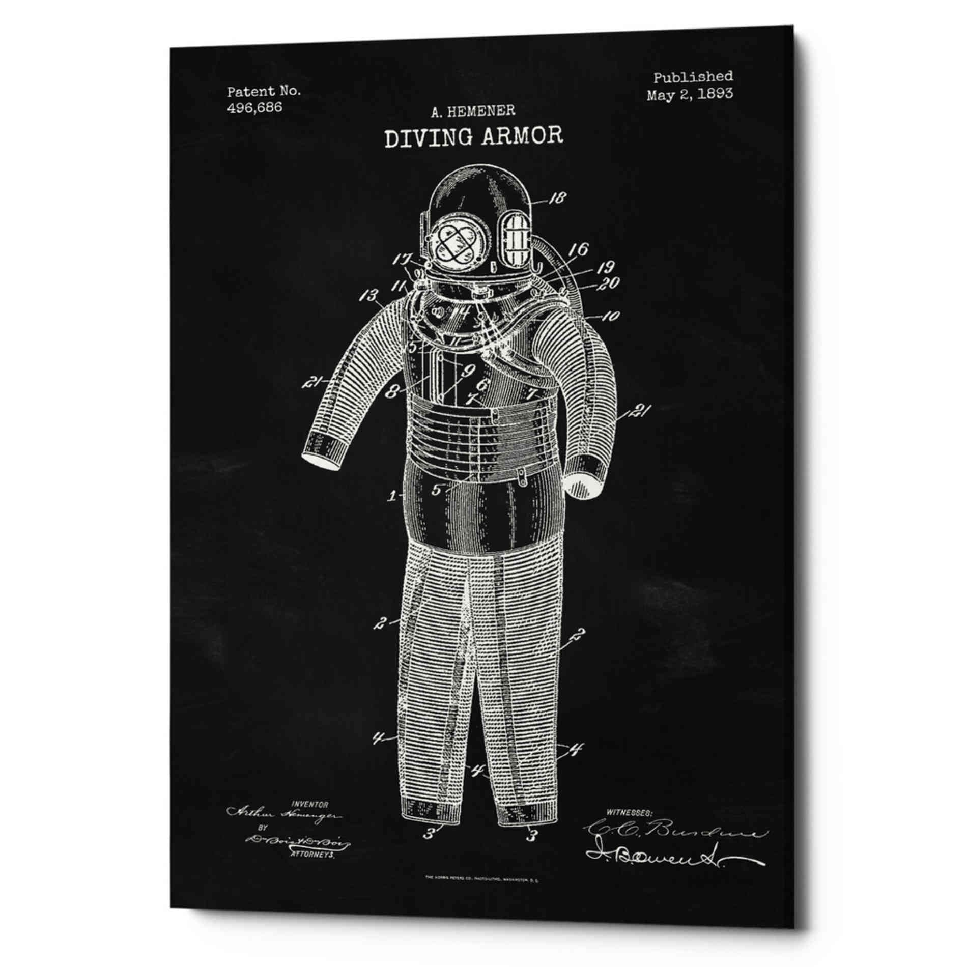 'Diving Armor Blueprint Chalkboard Patent' Canvas Wall Art
