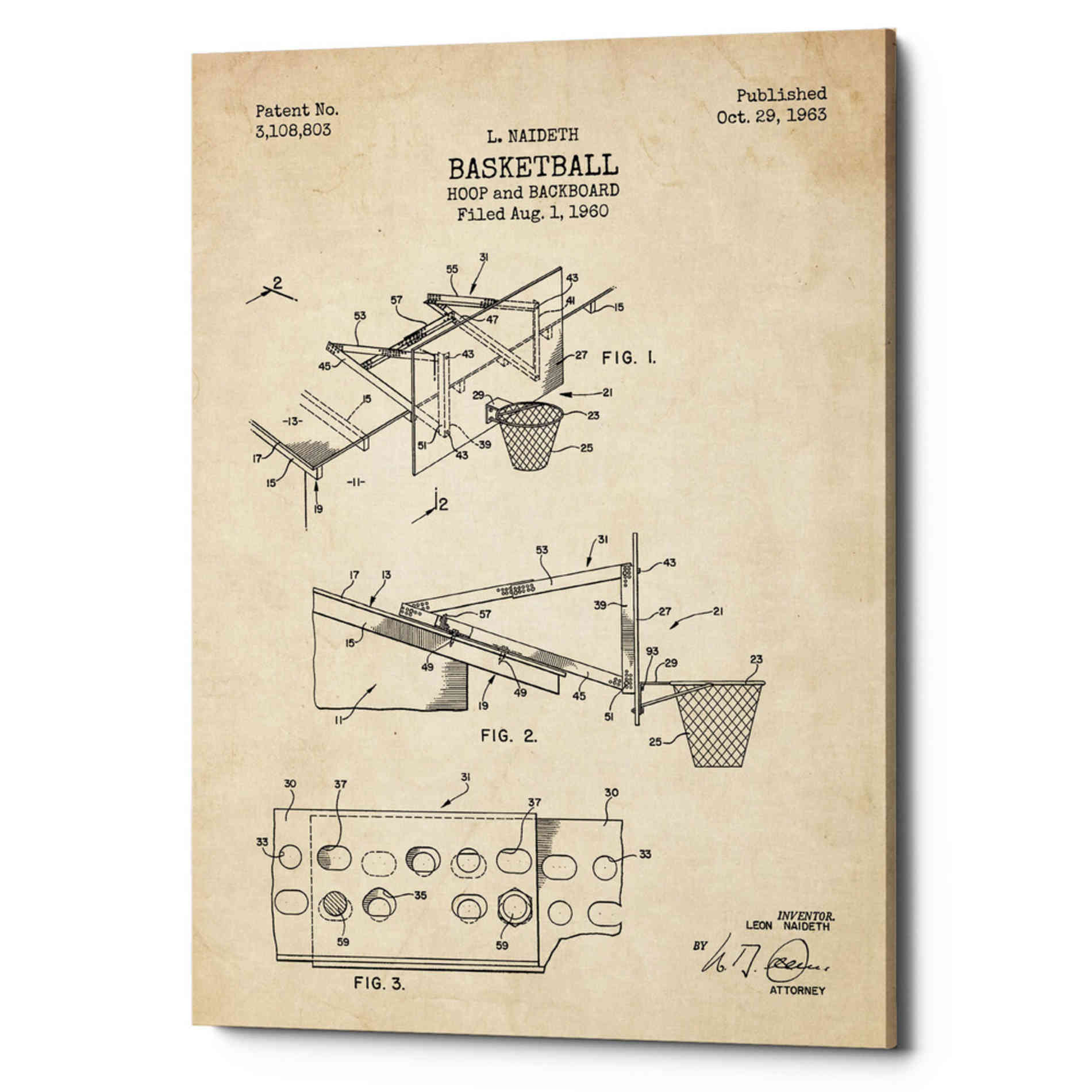 'Basketball Hoop and Backboard Blueprint Patent Parchment' Canvas Wall Art