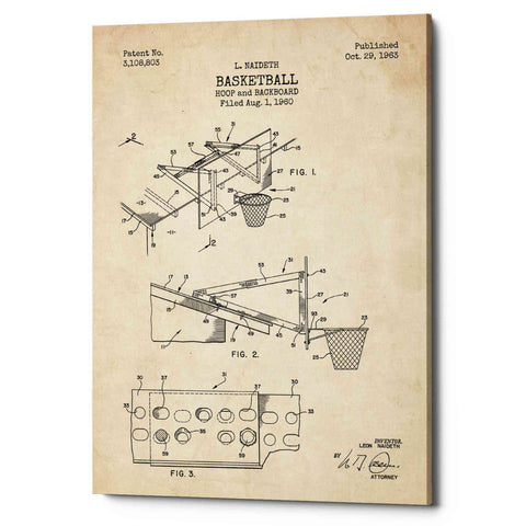 Image of 'Basketball Hoop and Backboard Blueprint Patent Parchment' Canvas Wall Art