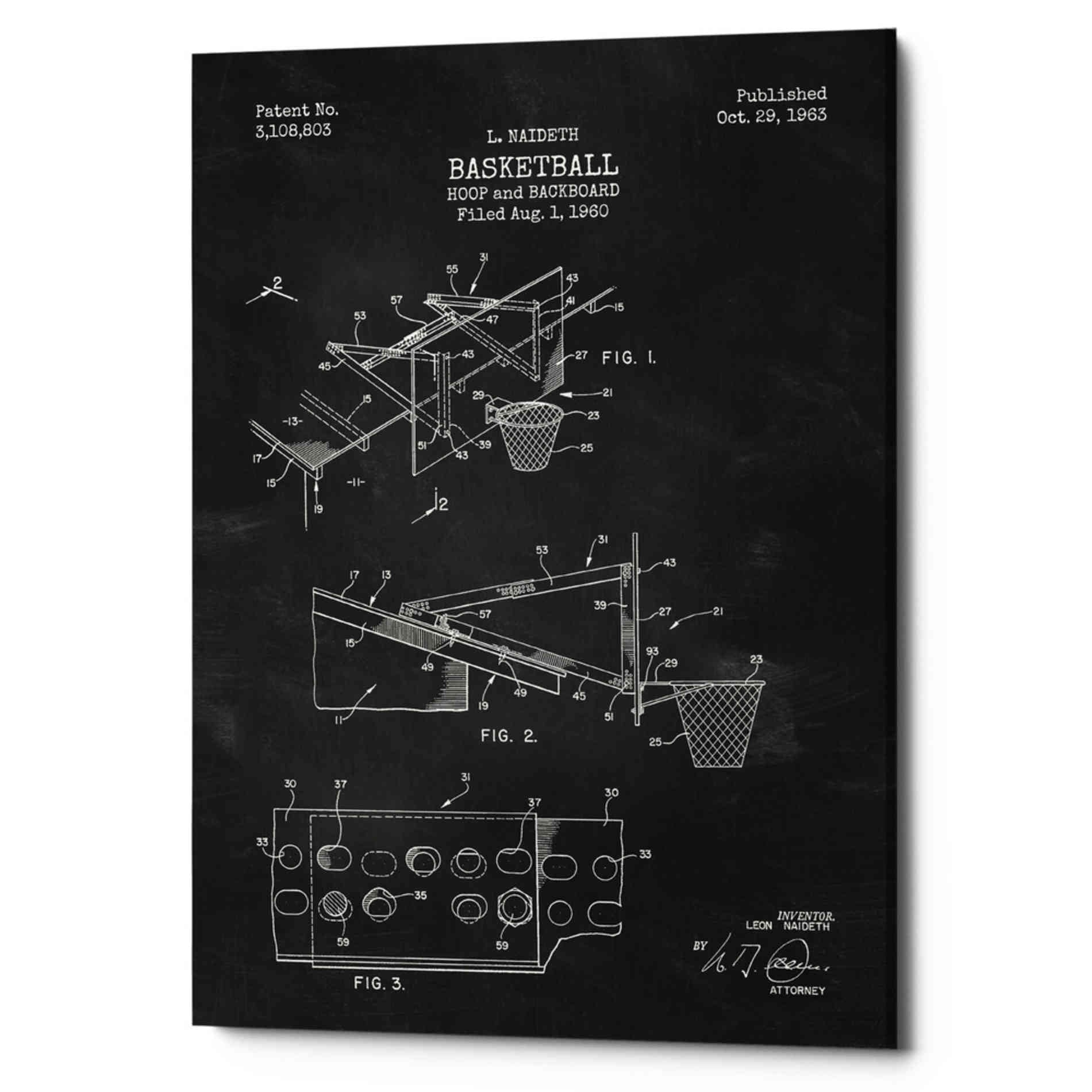 'Basketball Hoop and Backboard Blueprint Patent Chalkboard' Canvas Wall Art