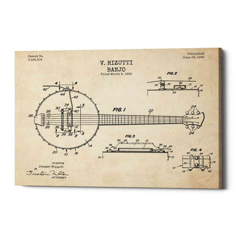 Image of 'Banjo Blueprint Patent Parchment' Canvas Wall Art