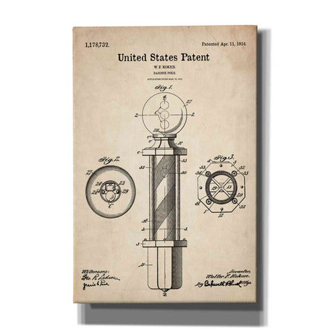 Image of 'Barber Pole Blueprint Patent Parchment' Canvas Wall Art