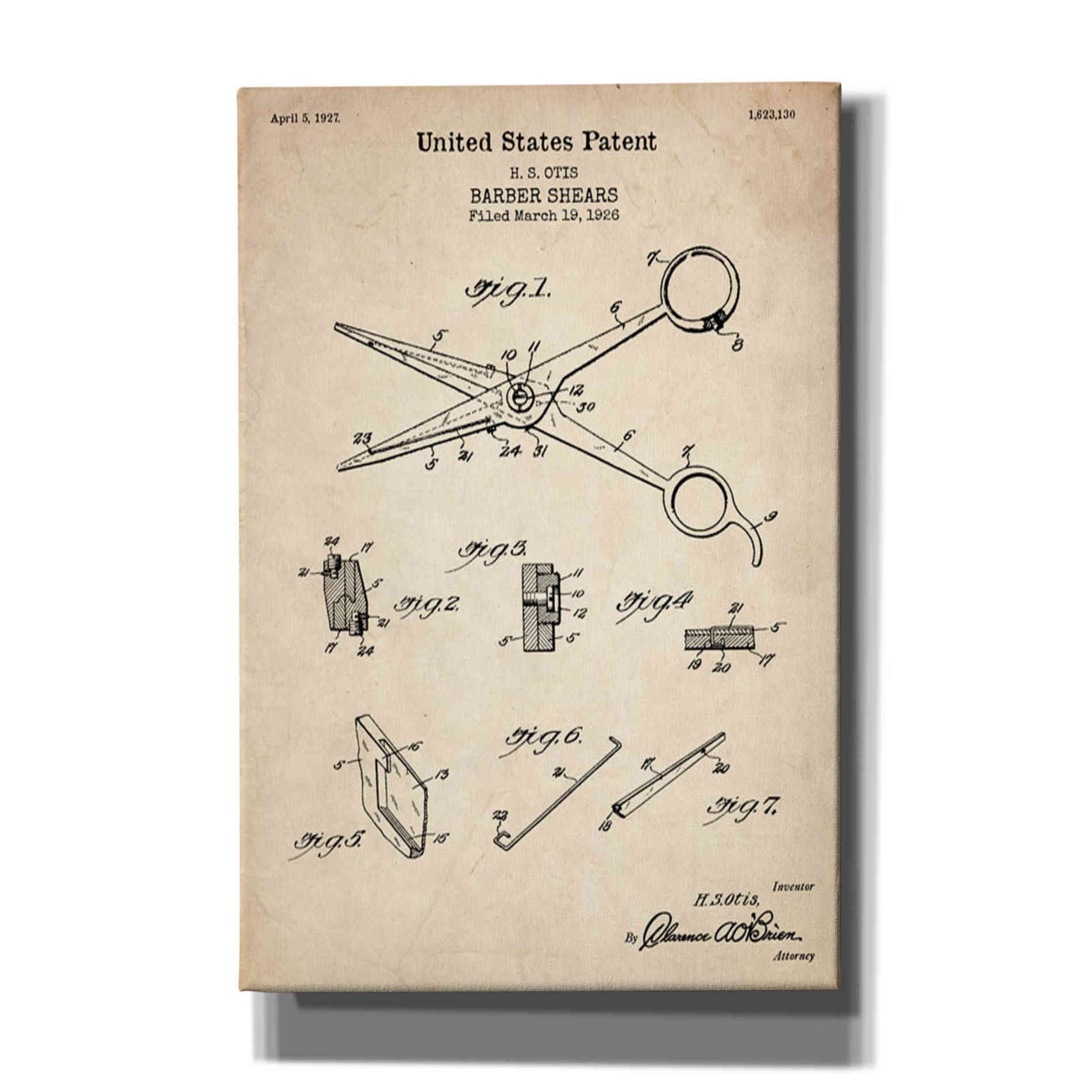 'Barber Shears Blueprint Patent Parchment' Canvas Wall Art
