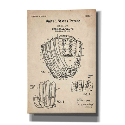 Image of 'Baseball Glove, 1971, Blueprint Patent Parchment' Canvas Wall Art