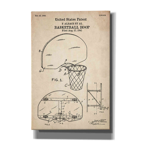 Image of 'Basketball Hoop Blueprint Patent Parchment' Canvas Wall Art