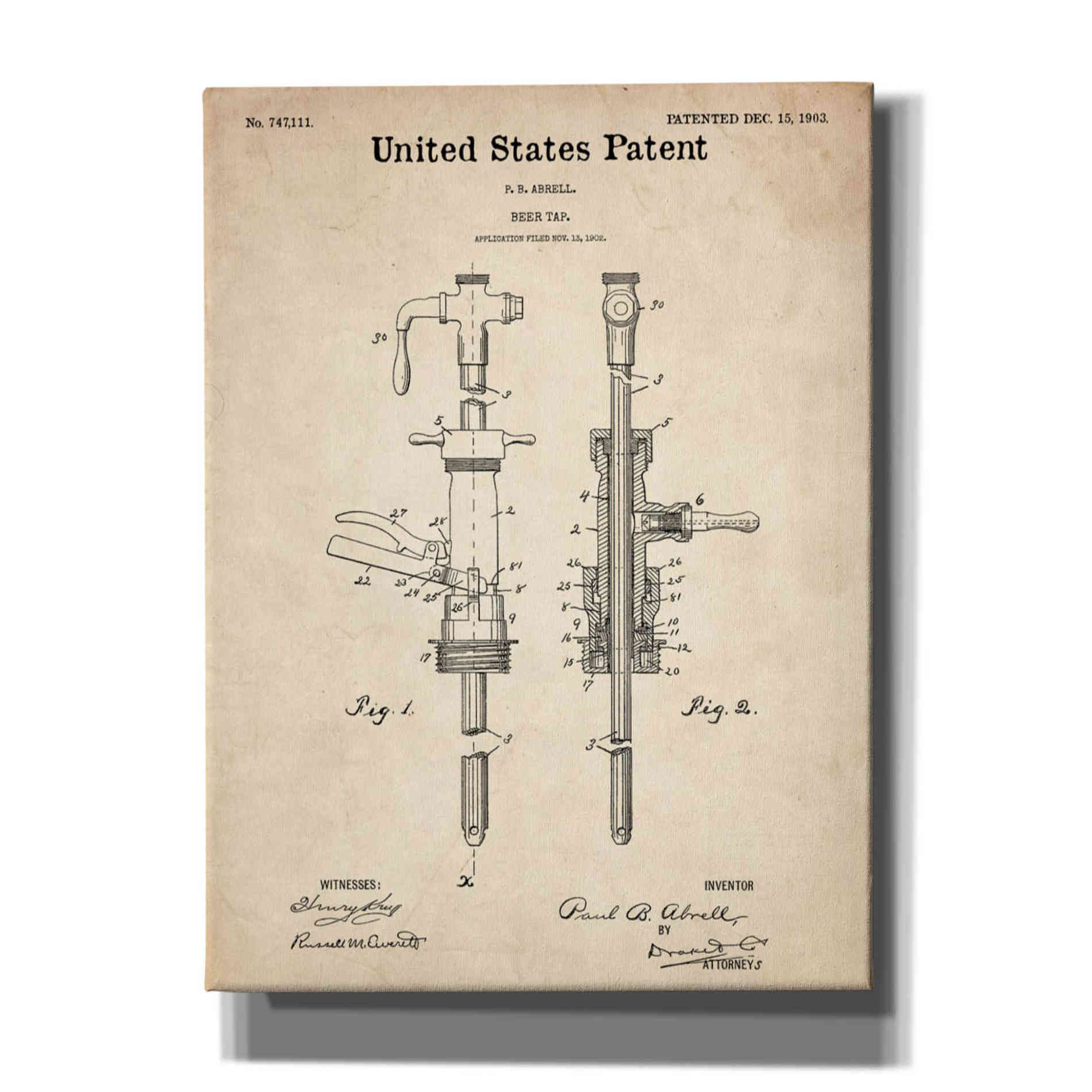 'Beer Tab Vintage Patent Blueprint' Canvas Wall Art