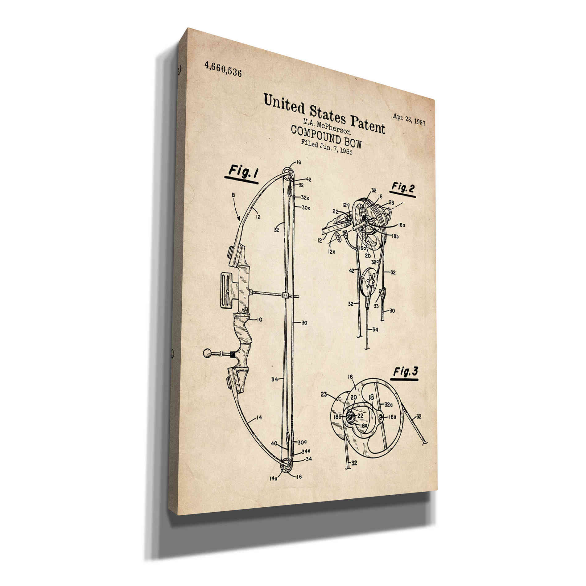 &#39;Compound Bow Blueprint Patent Parchment&#39; Canvas Wall Art