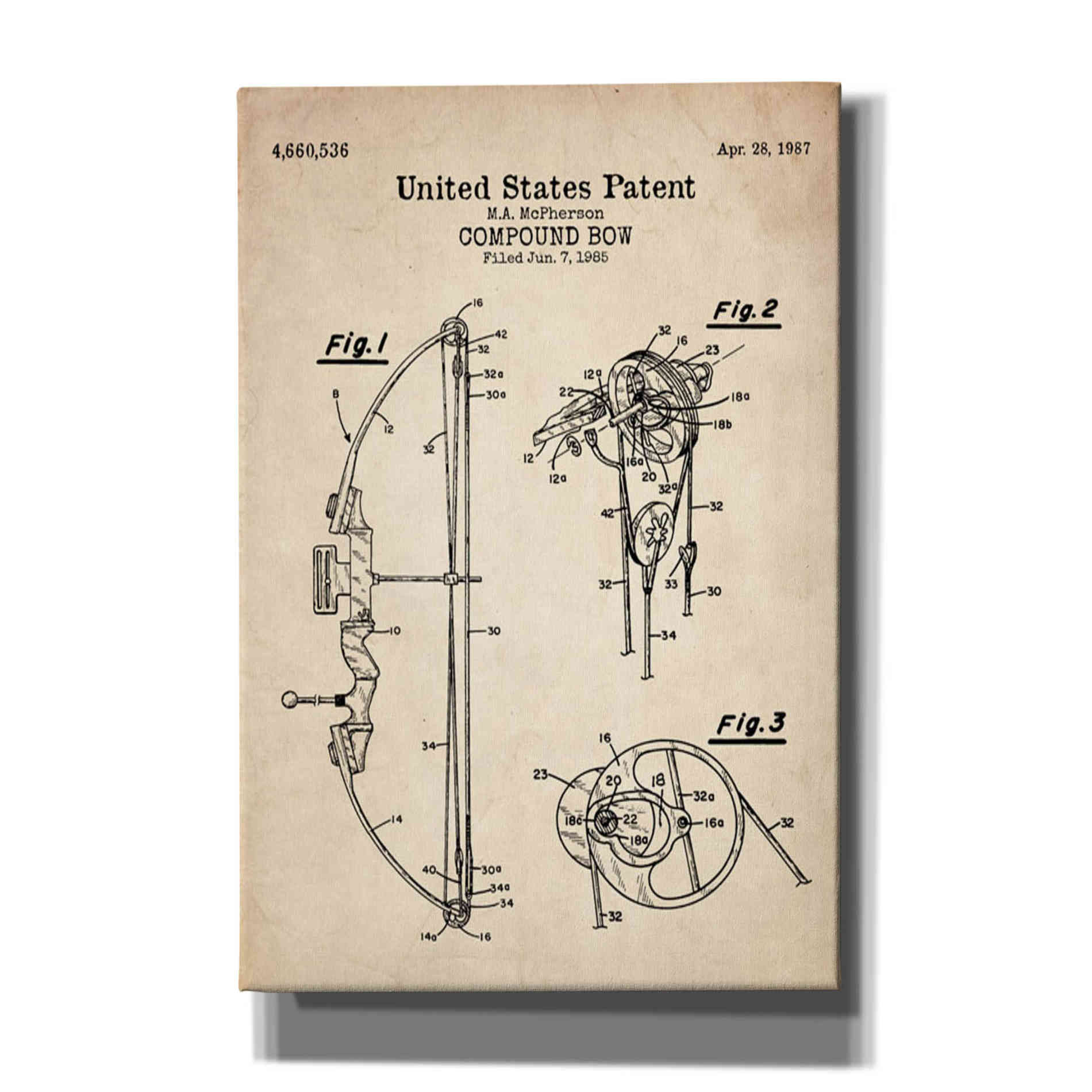 &#39;Compound Bow Blueprint Patent Parchment&#39; Canvas Wall Art