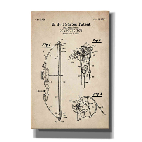 Image of 'Compound Bow Blueprint Patent Parchment' Canvas Wall Art