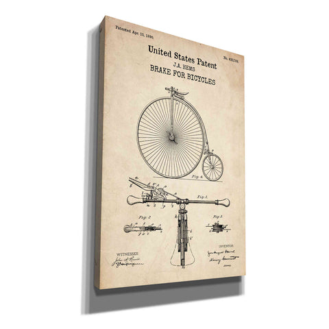 Image of 'Brake for Vintage Bicycle Blueprint Patent Parchment' Canvas Wall Art