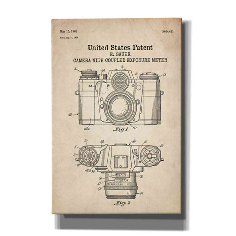 Image of 'Camera with Coupled Exposure Meter Blueprint Patent Parchment' Canvas Wall Art