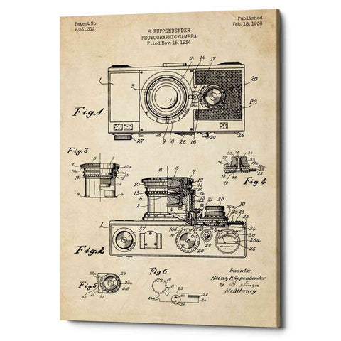 Image of 'Camera, 1936 Blueprint Patent Parchment' Canvas Wall Art