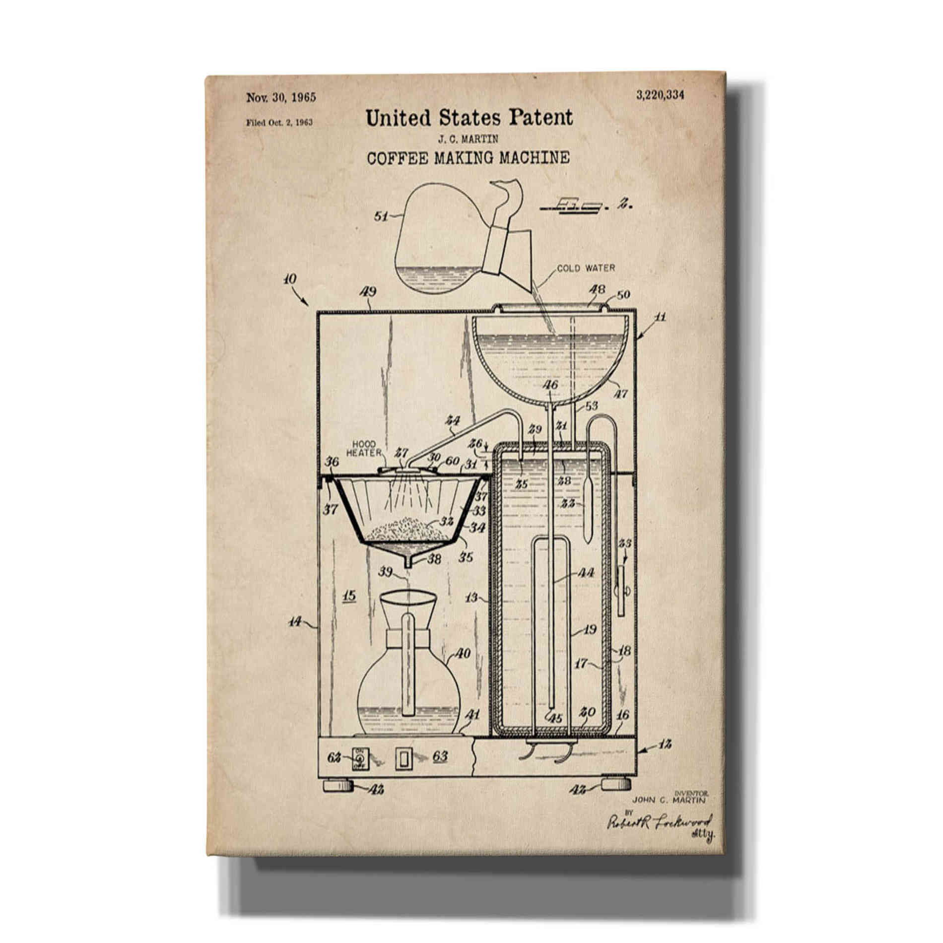 'Coffee Machine Blueprint Patent Parchment' Canvas Wall Art