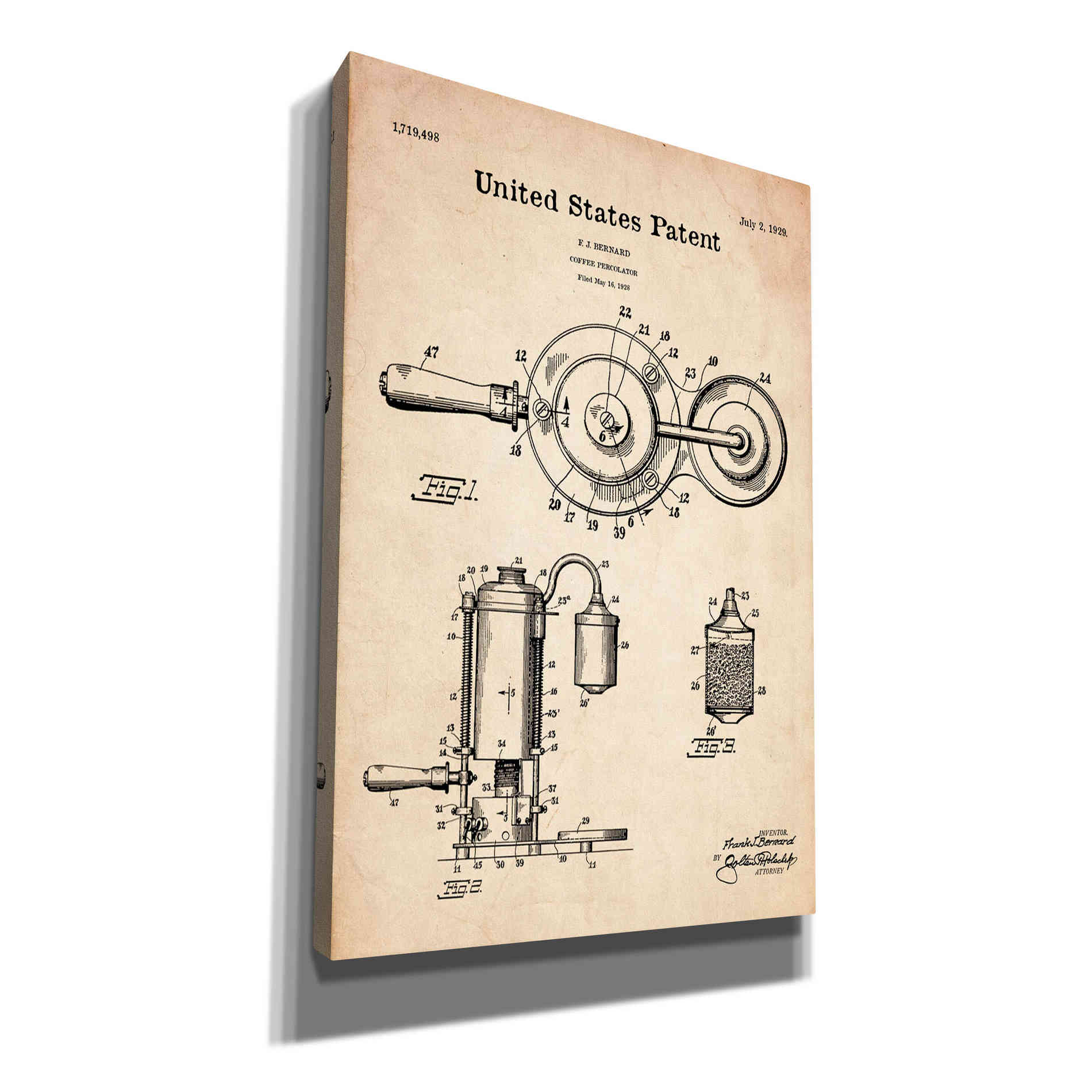 'Coffee Percolator Blueprint Patent Parchment' Canvas Wall Art