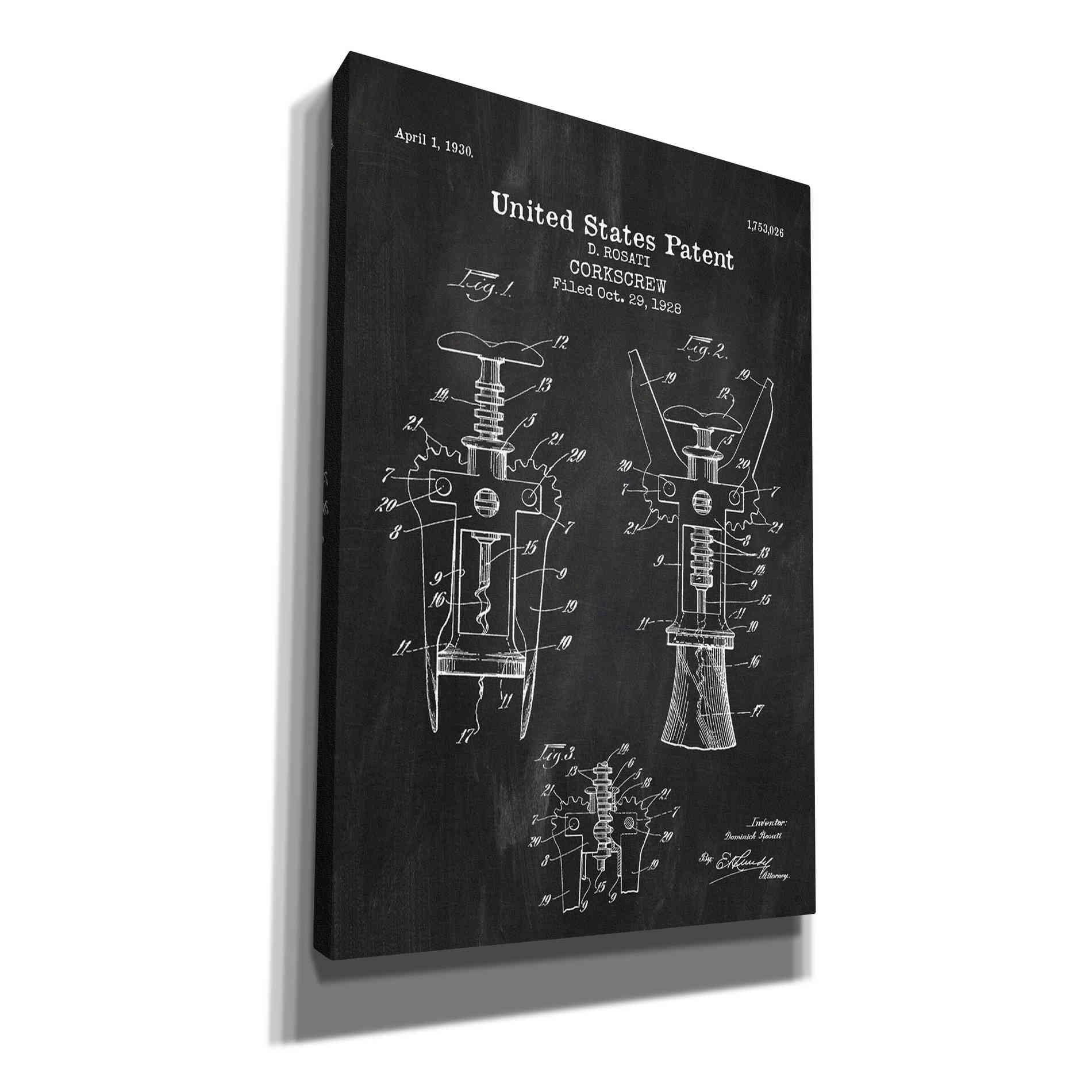 'Corkscrew Blueprint Patent Chalkboard' Canvas Wall Art