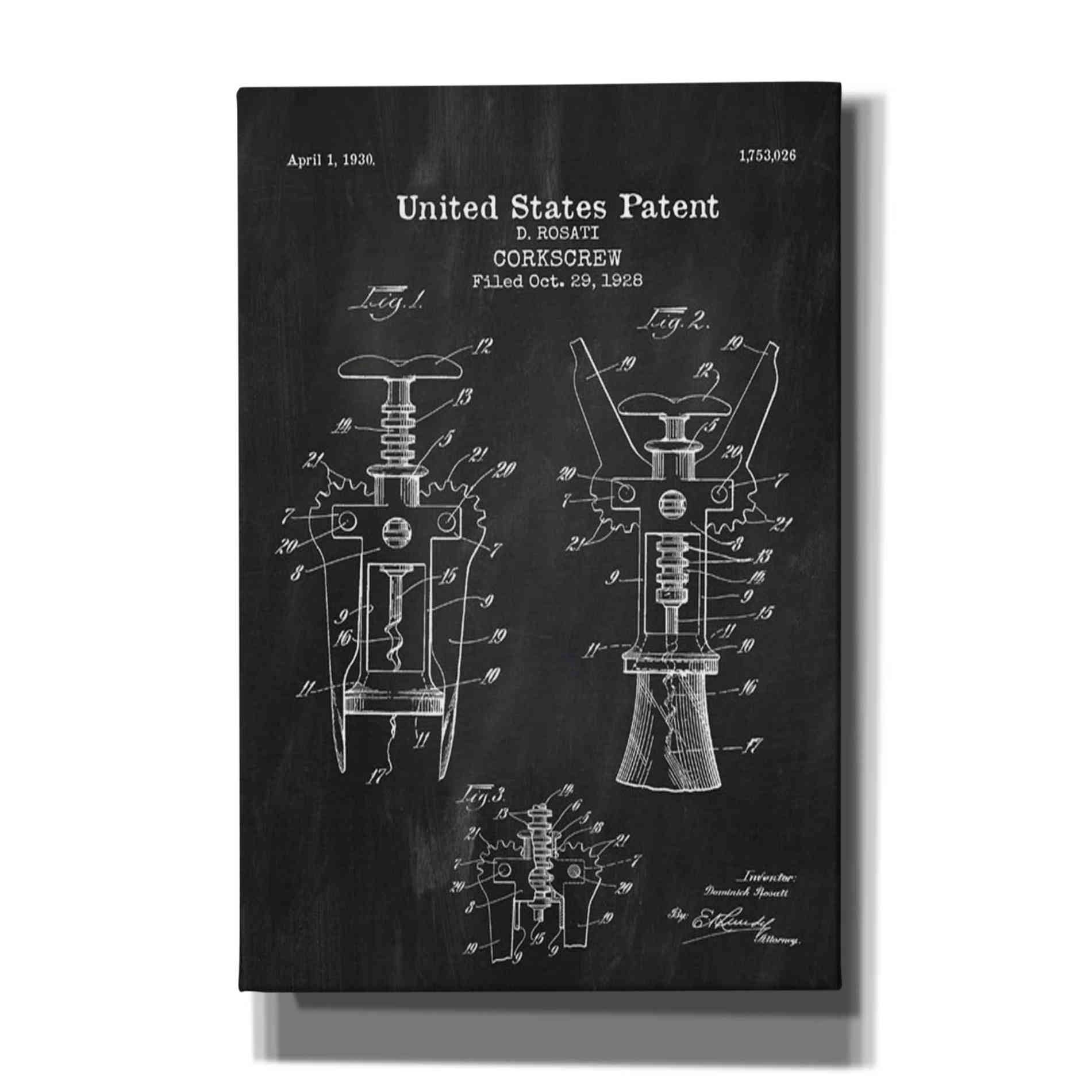 'Corkscrew Blueprint Patent Chalkboard' Canvas Wall Art