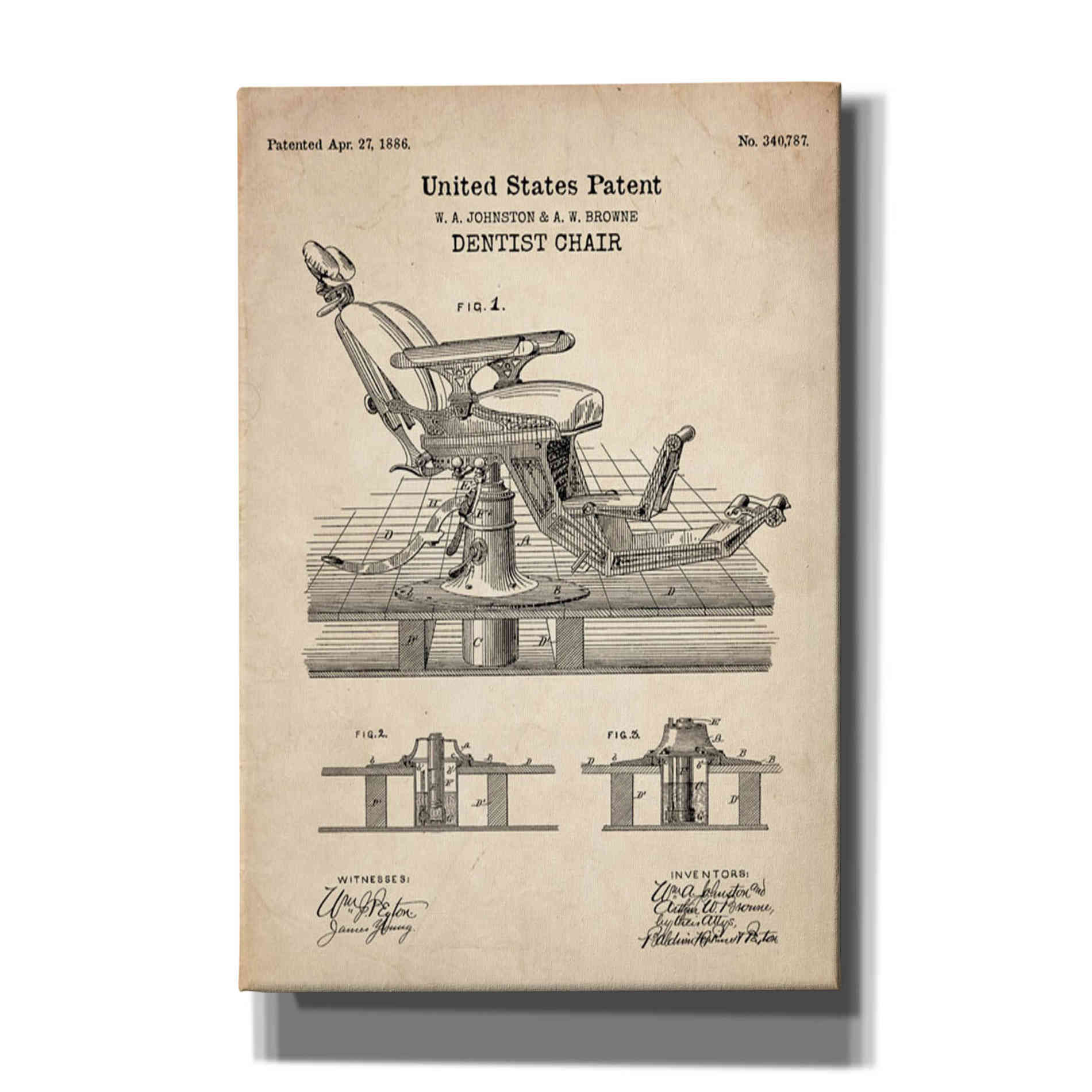 'Dentist Chair Blueprint Patent Parchment' Canvas Wall Art