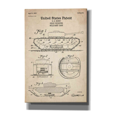 Image of 'Self-Digging Military Tank Blueprint Patent Parchment' Canvas Wall Art