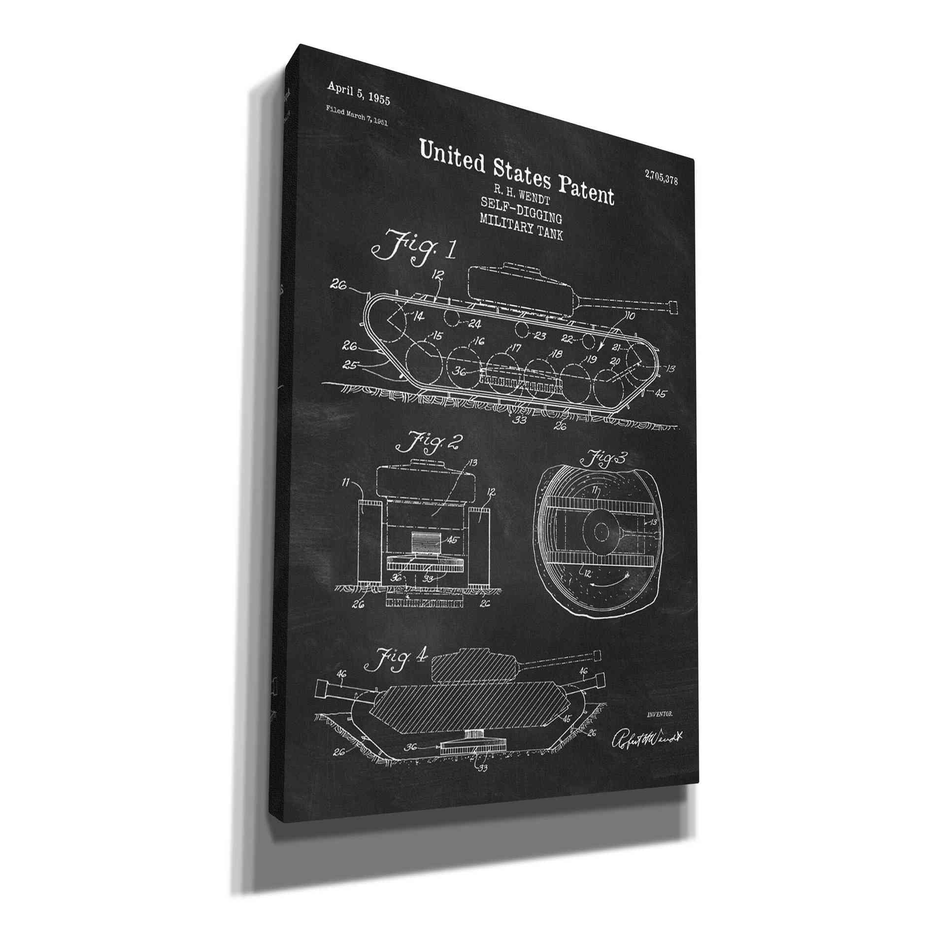 'Self-Digging Military Tank Blueprint Patent Chalkboard' Canvas Wall Art