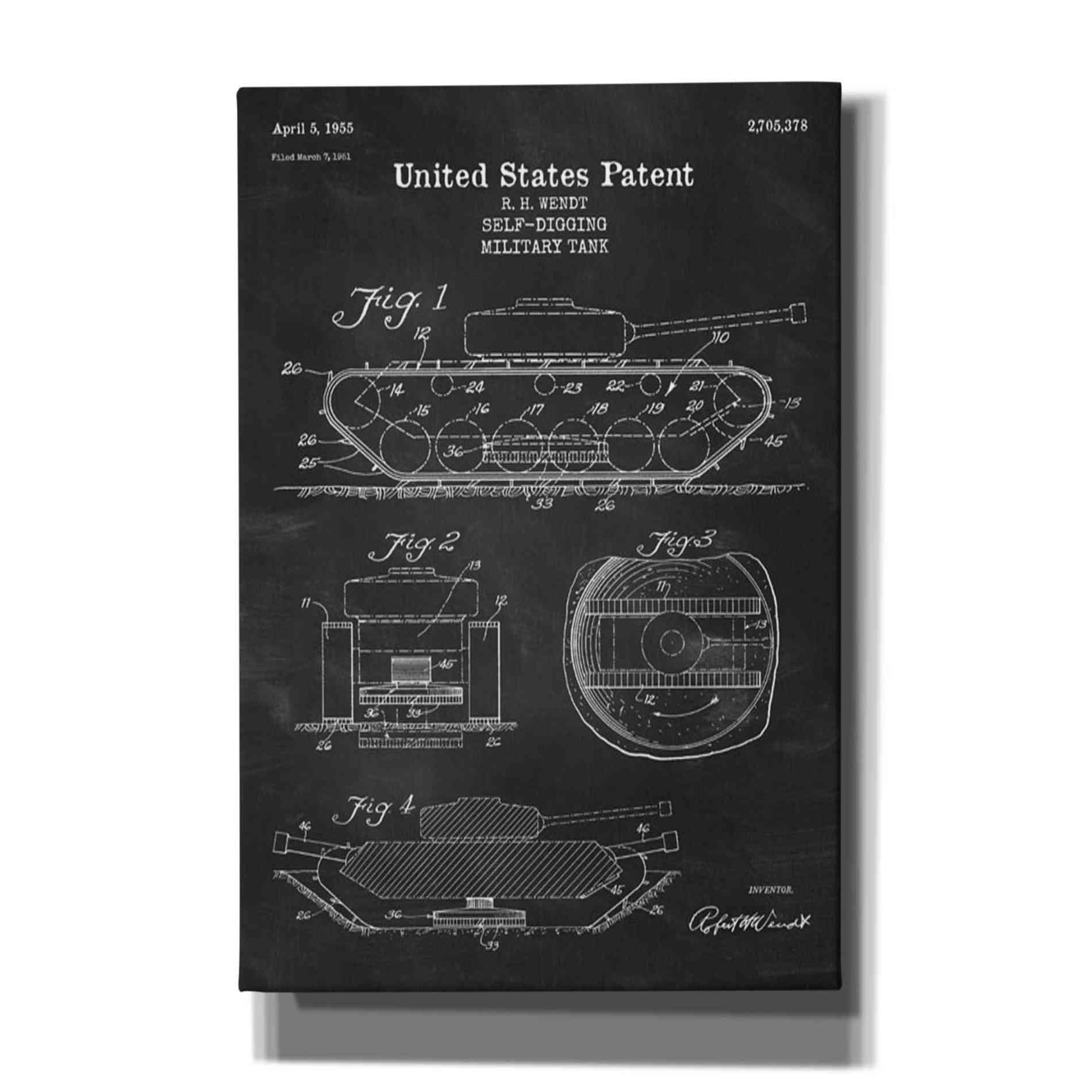 'Self-Digging Military Tank Blueprint Patent Chalkboard' Canvas Wall Art