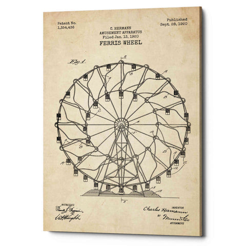 Image of 'Ferris Wheel, 1920 Blueprint Parchment Patent' Canvas Wall Art