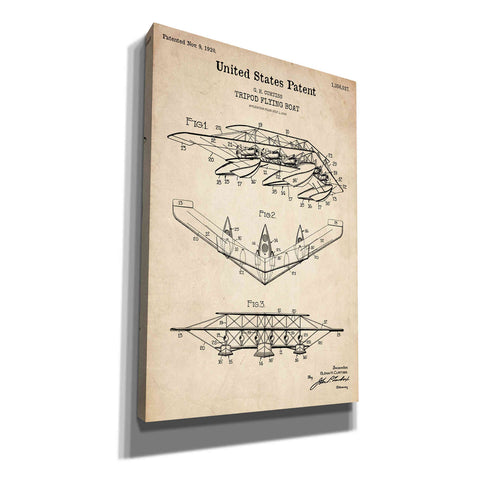 Image of 'Tripod Flying Boat Blueprint Patent Parchment' Canvas Wall Art