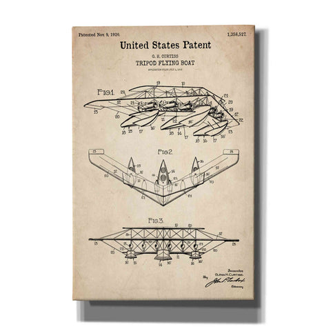 Image of 'Tripod Flying Boat Blueprint Patent Parchment' Canvas Wall Art