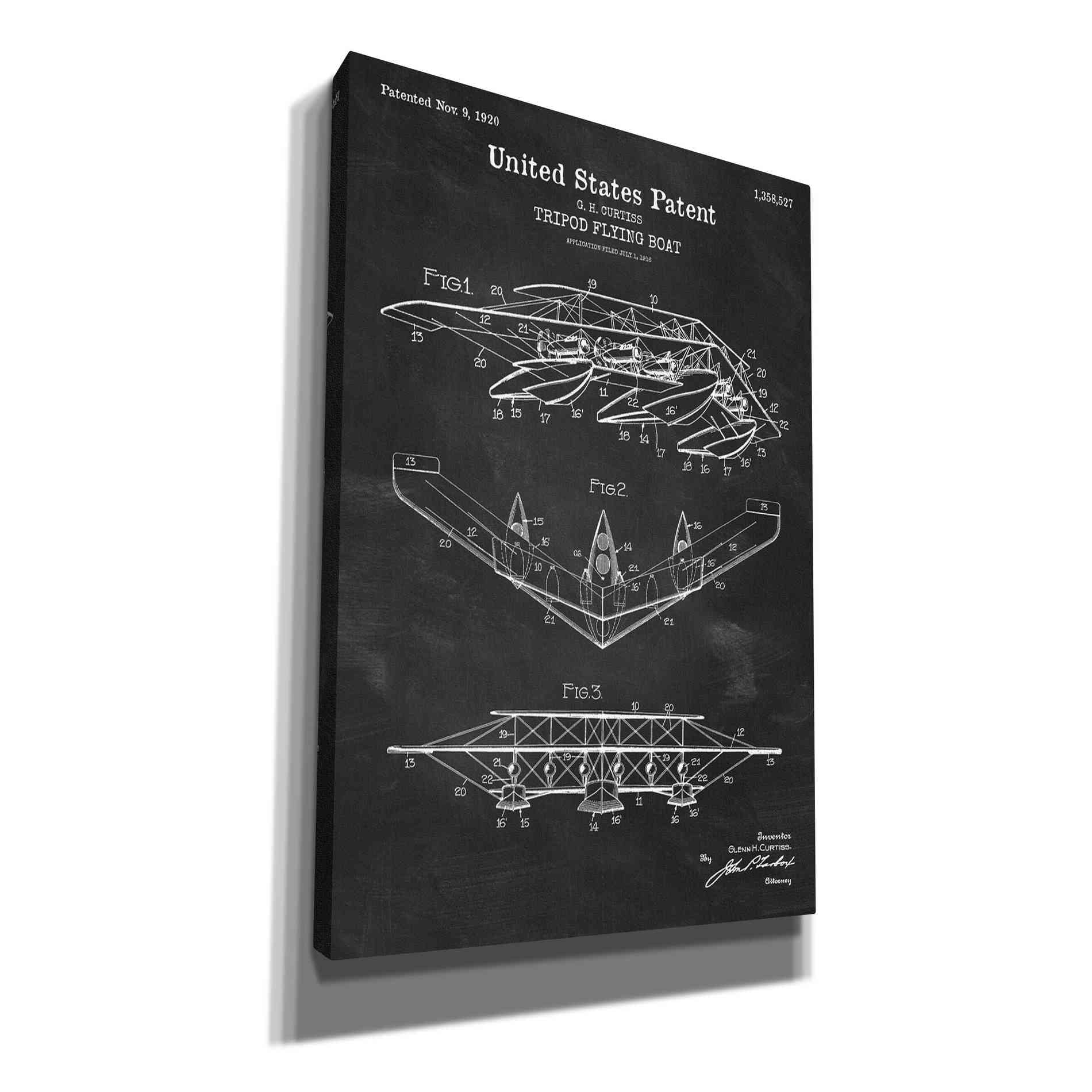 'Tripod Flying Boat Blueprint Patent Chalkboard' Canvas Wall Art