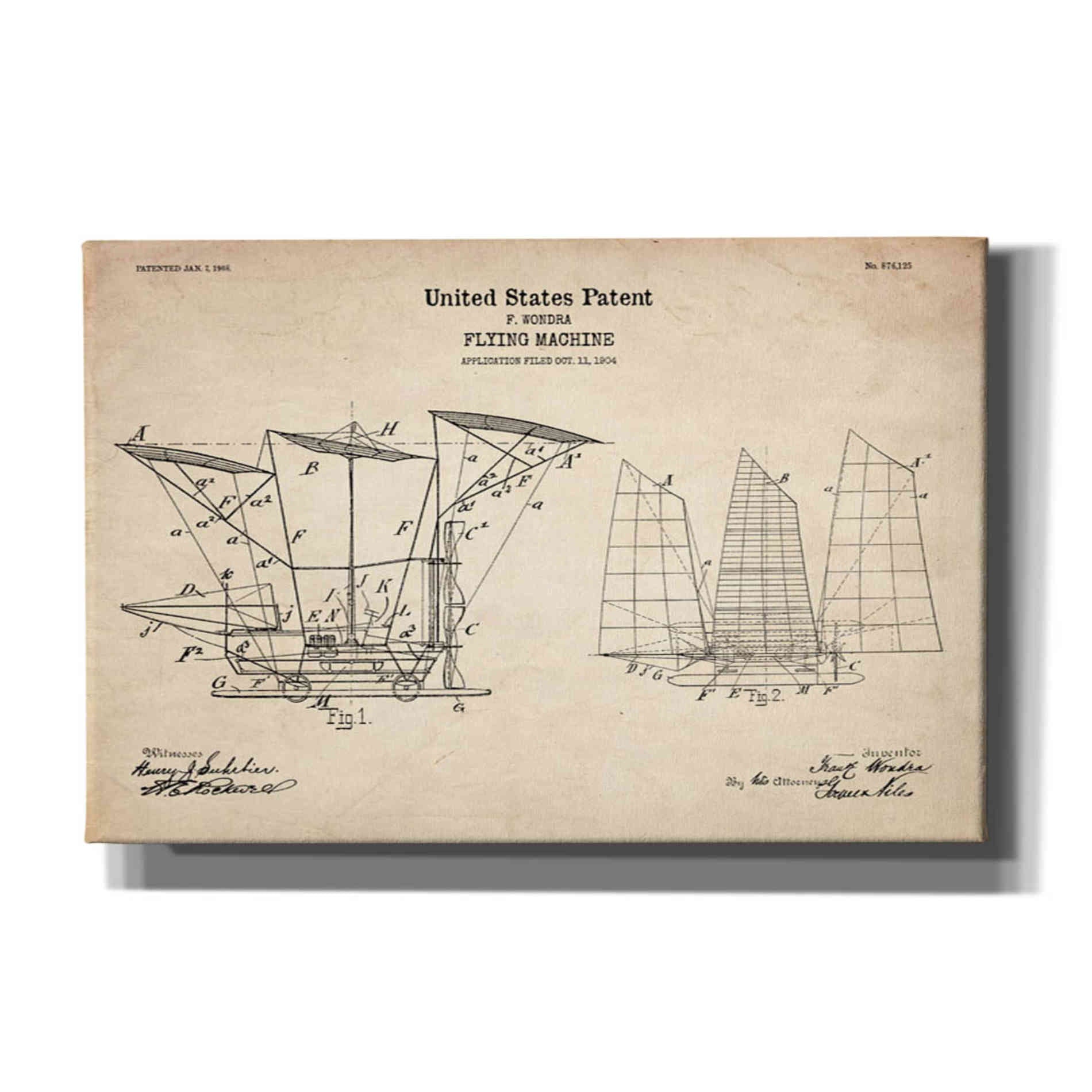 'Flying Machine, 1904 Blueprint Patent Parchment' Canvas Wall Art