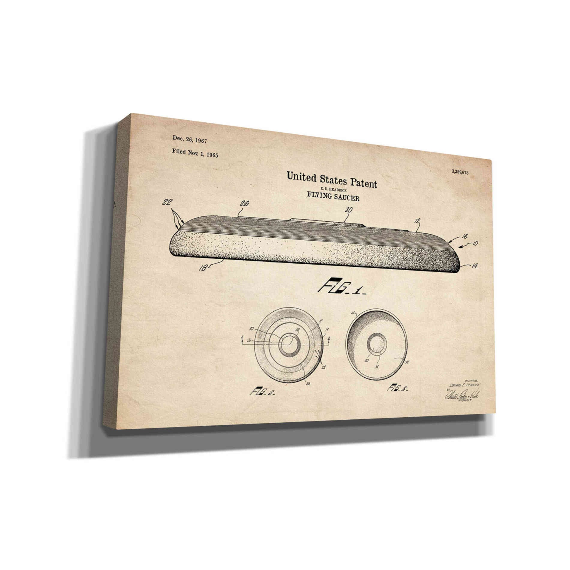 'Flying Disc Blueprint Patent Parchment' Canvas Wall Art