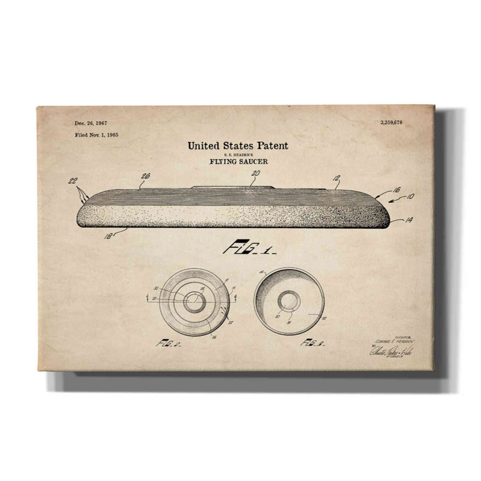 'Flying Disc Blueprint Patent Parchment' Canvas Wall Art