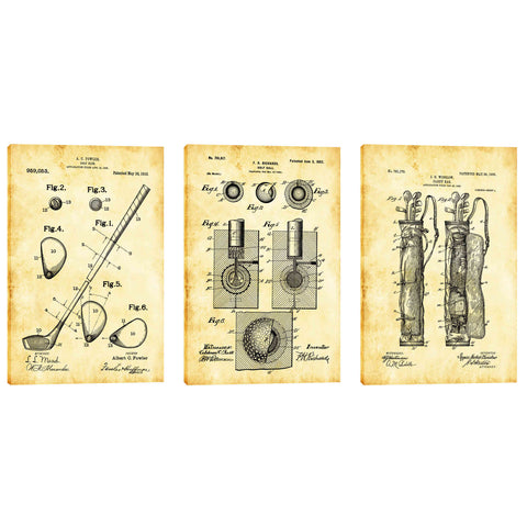 Image of "Golf 3-Piece Set Vintage Patent Blueprint" Giclee Canvas Wall Art (Set of 3)