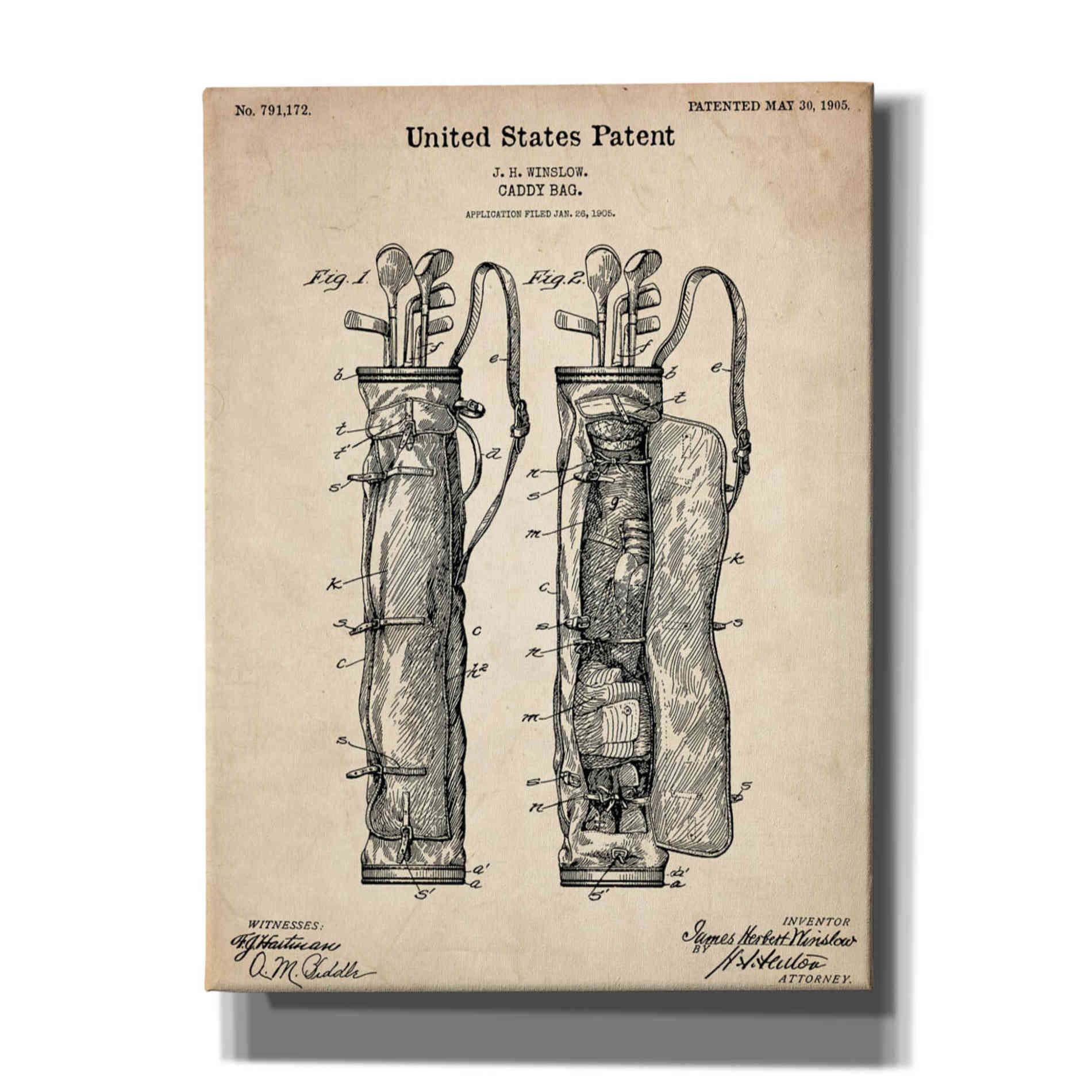 'Golf Bag Caddy Vintage Patent Blueprint' Canvas Wall Art