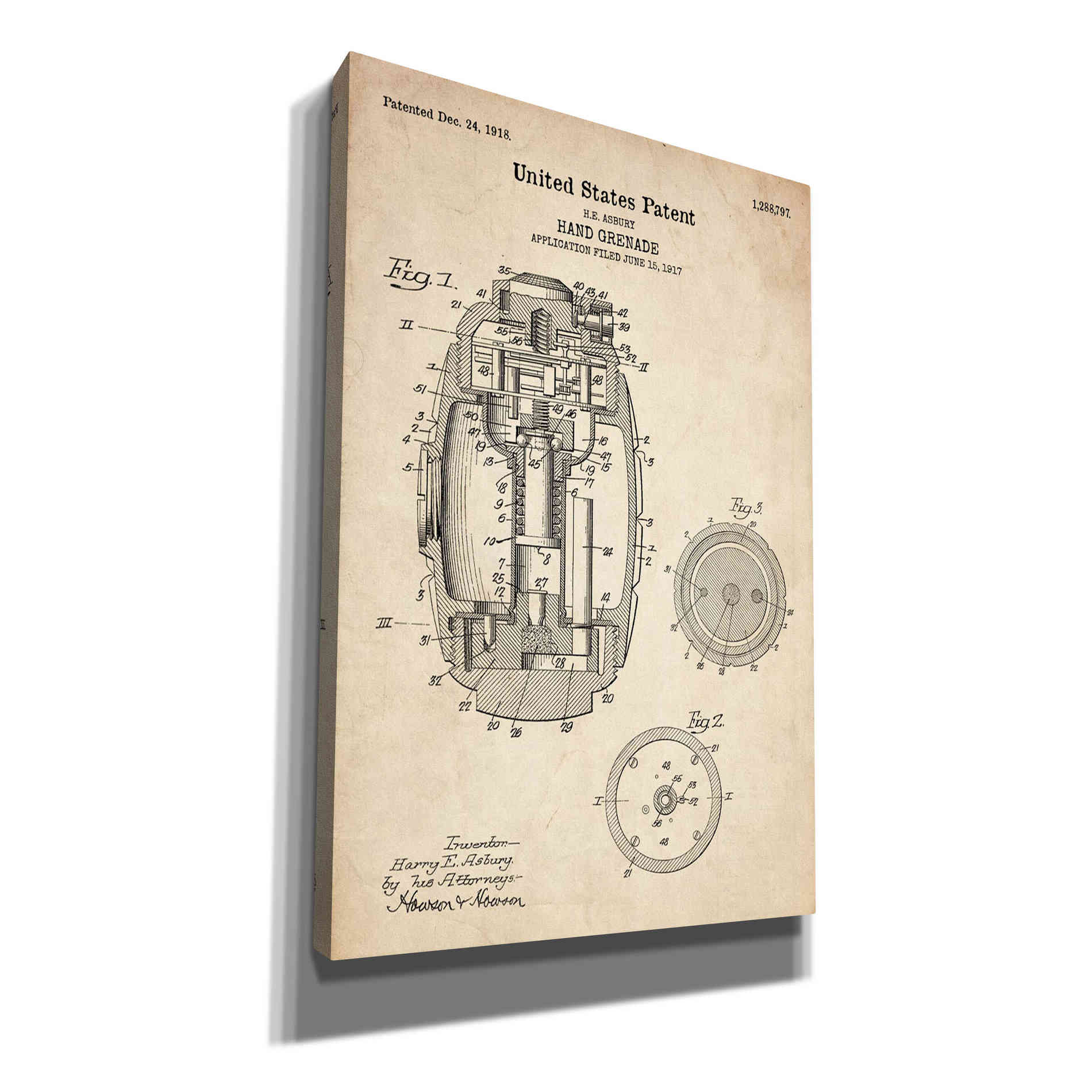 'Hand Grenade Blueprint Patent Parchment' Canvas Wall Art