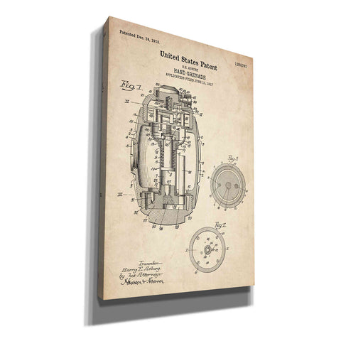 Image of 'Hand Grenade Blueprint Patent Parchment' Canvas Wall Art