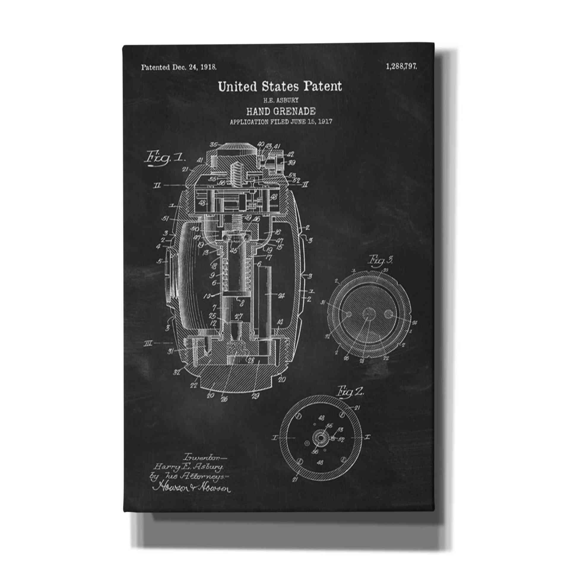 'Hand Grenade Blueprint Patent Chalkboard' Canvas Wall Art