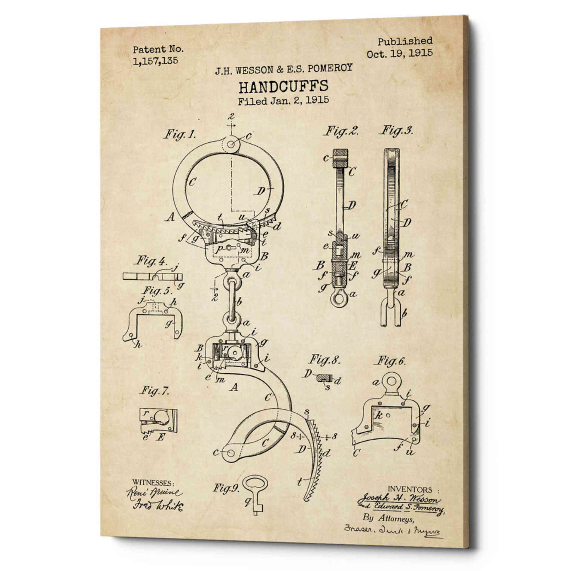 'Handcuffs Blueprint Patent Parchment' Canvas Wall Art