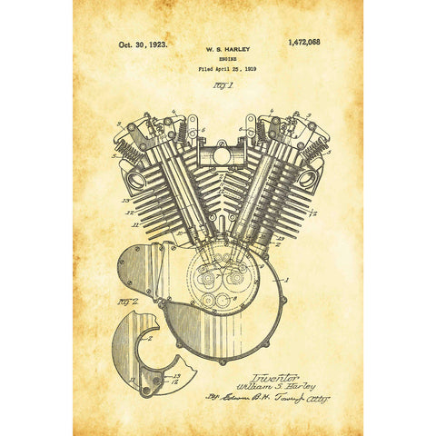 Image of "Harley Engine Vintage Patent Blueprint" Giclee Canvas Wall Art