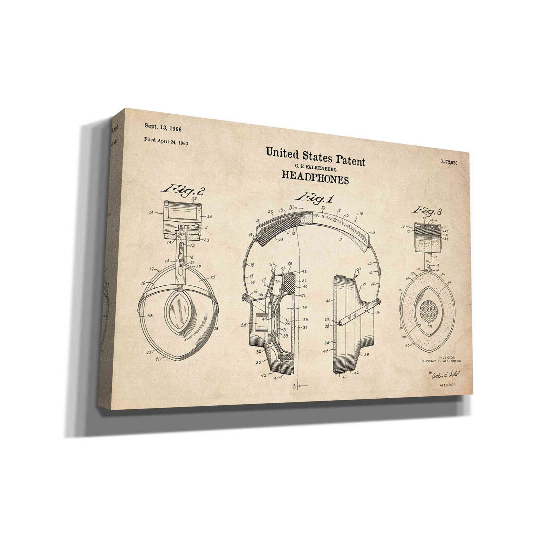 'Headphones Blueprint Patent Parchment' Canvas Wall Art