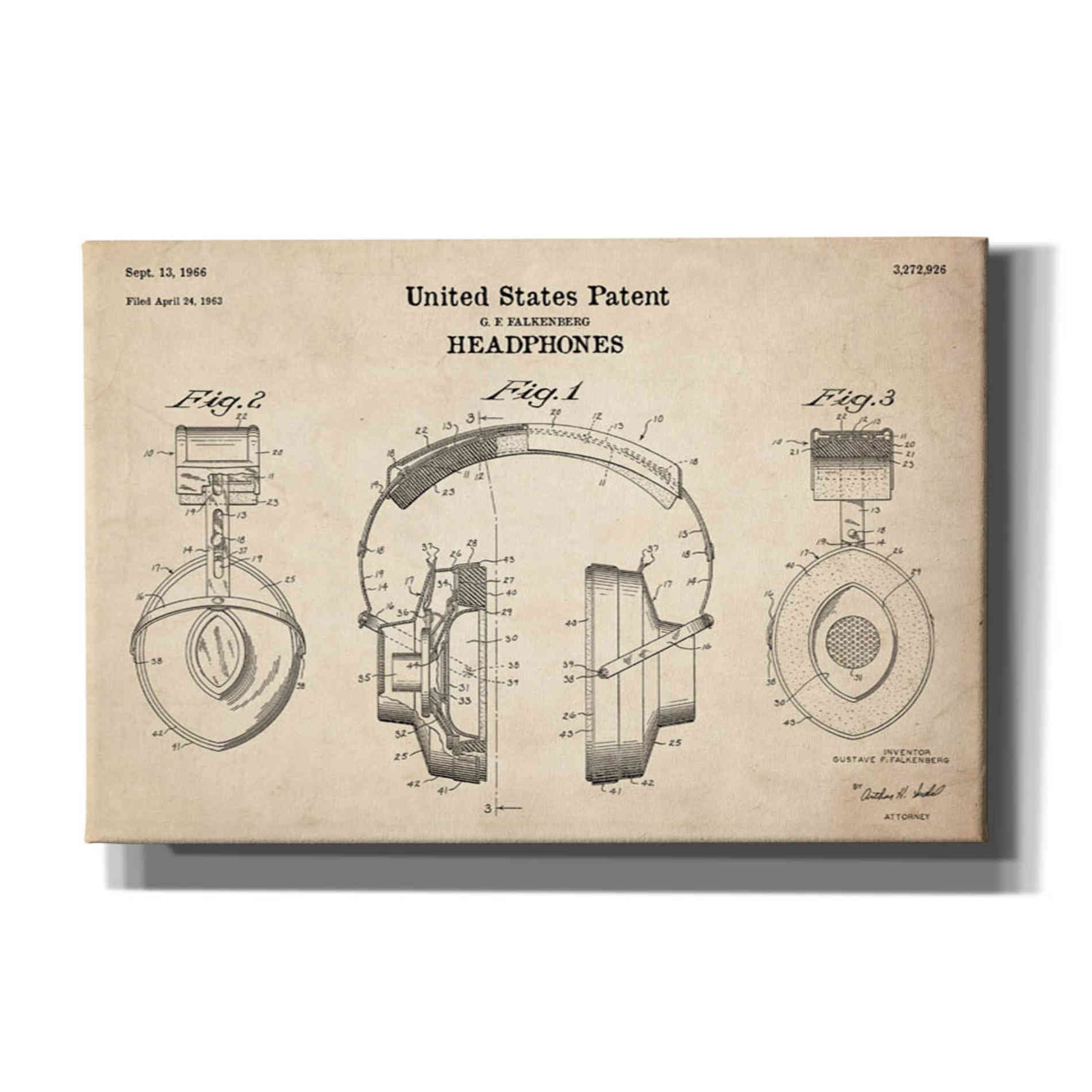 'Headphones Blueprint Patent Parchment' Canvas Wall Art
