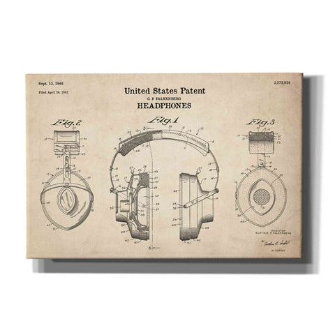 Image of 'Headphones Blueprint Patent Parchment' Canvas Wall Art