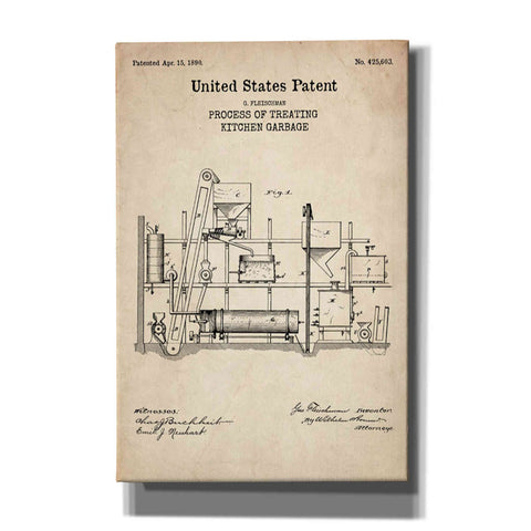 Image of 'Kitchen Garbage Blueprint Patent Parchment' Canvas Wall Art