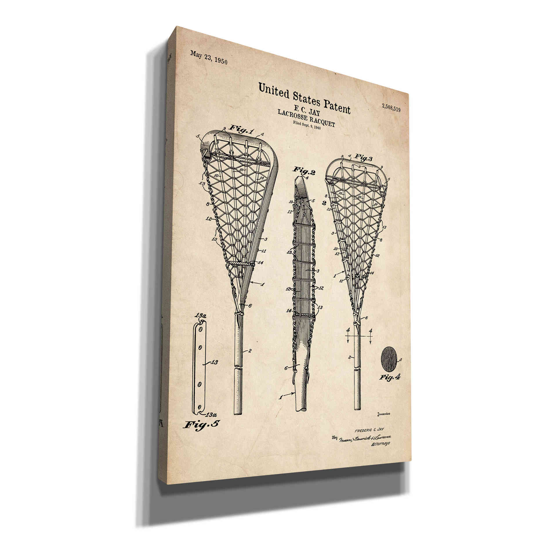 'Lacrosse Racquet Blueprint Patent Parchment' Canvas Wall Art