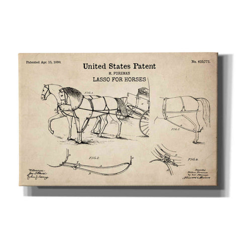 Image of 'Lasso for Horses Blueprint Patent Parchment' Canvas Wall Art