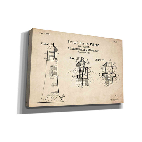 Image of 'Lighthouse Reading Lamp Blueprint Patent Parchment' Canvas Wall Art