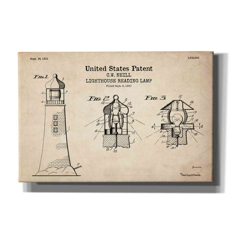 Image of 'Lighthouse Reading Lamp Blueprint Patent Parchment' Canvas Wall Art