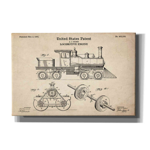 Image of 'Locomotive Engine Blueprint Patent Parchment' Canvas Wall Art